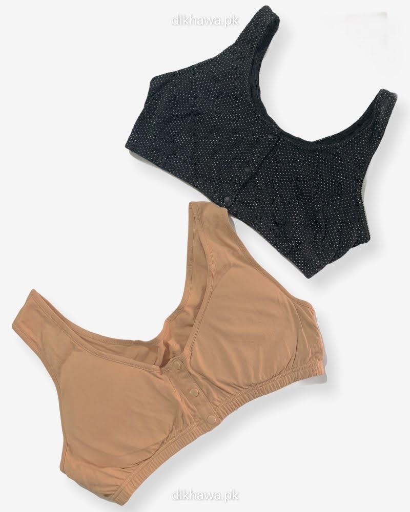 Pack of 2 - Front Open Bra with Button - Non Padded Non Wired Bra Imported Stocklot Branded Front Open Bra